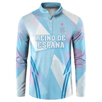 Blue long-sleeve button sweatshirt with front crest and “REINO DE ESPANA” graphic