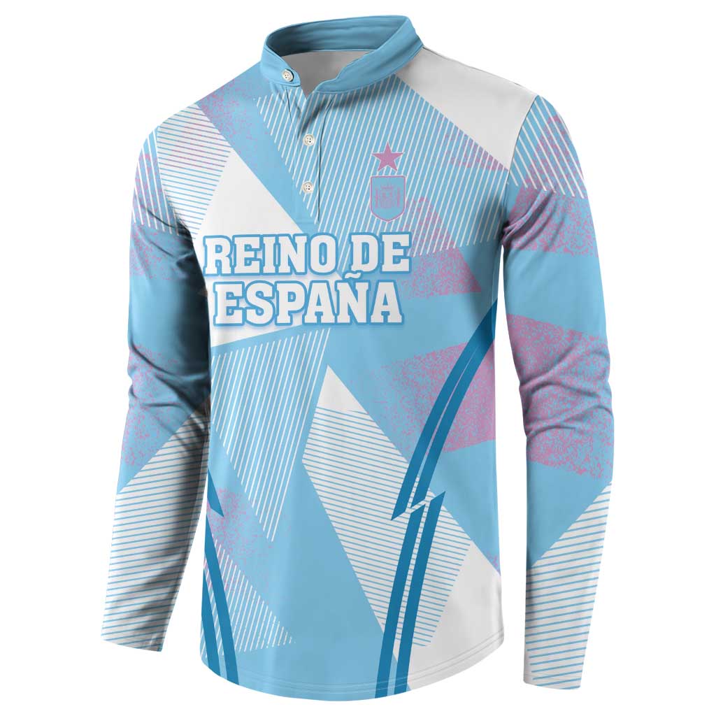 Blue long-sleeve button sweatshirt with “REINO DE ESPANA” front graphic and crest