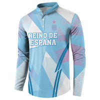 Blue long-sleeve button sweatshirt with “REINO DE ESPANA” front graphic and crest