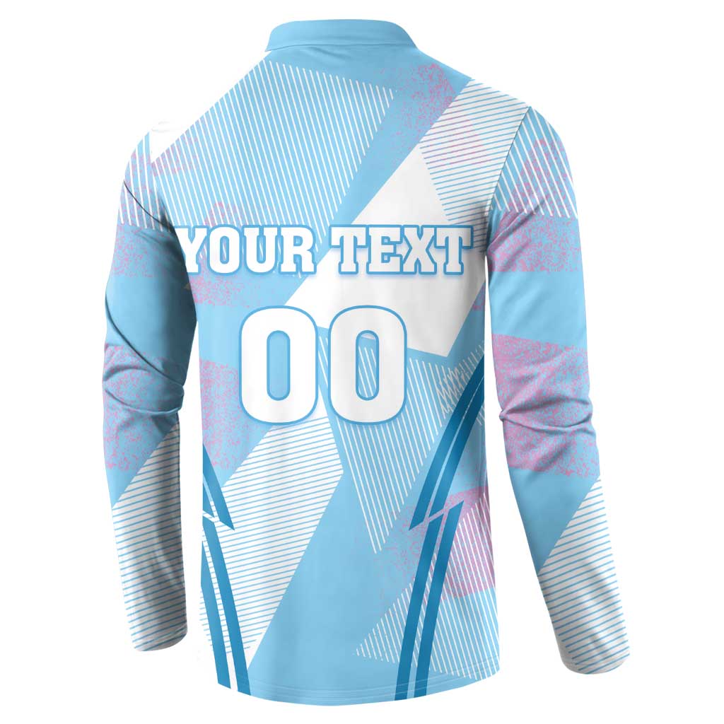 Blue long-sleeve button sweatshirt with back “YOUR TEXT” and large “00” graphic