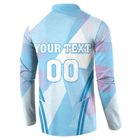 Blue long-sleeve button sweatshirt with back “YOUR TEXT” and large “00” graphic