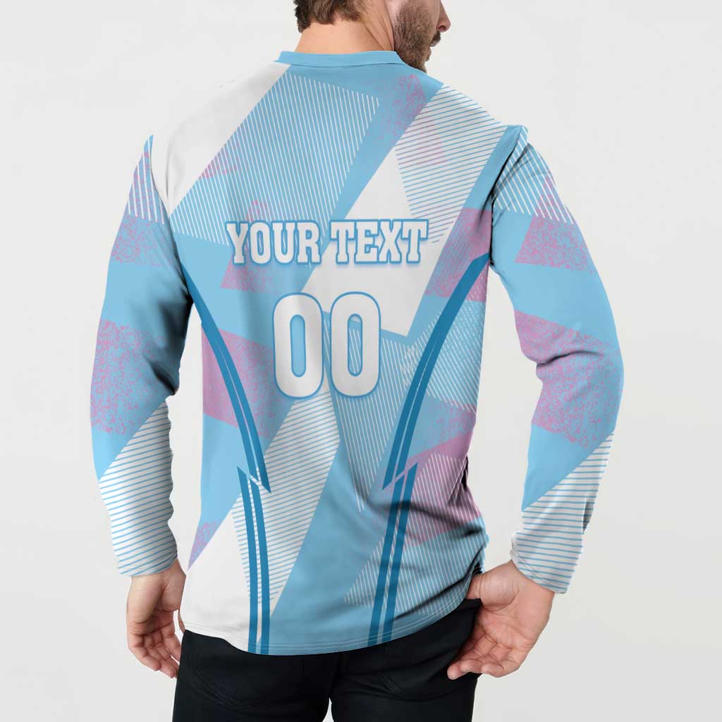 Blue long-sleeve button sweatshirt with back “YOUR TEXT” and “00” number graphic