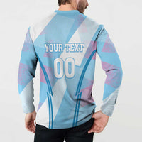 Blue long-sleeve button sweatshirt with back “YOUR TEXT” and “00” number graphic