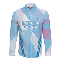 Light blue long-sleeve button shirt with white stripes and front graphic lettering