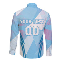 Back of light blue long-sleeve button shirt with geometric stripes and '00' text