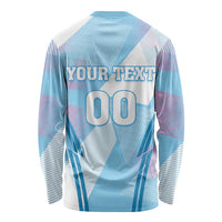Blue Spain football long-sleeve shirt, back print YOUR TEXT and number 00