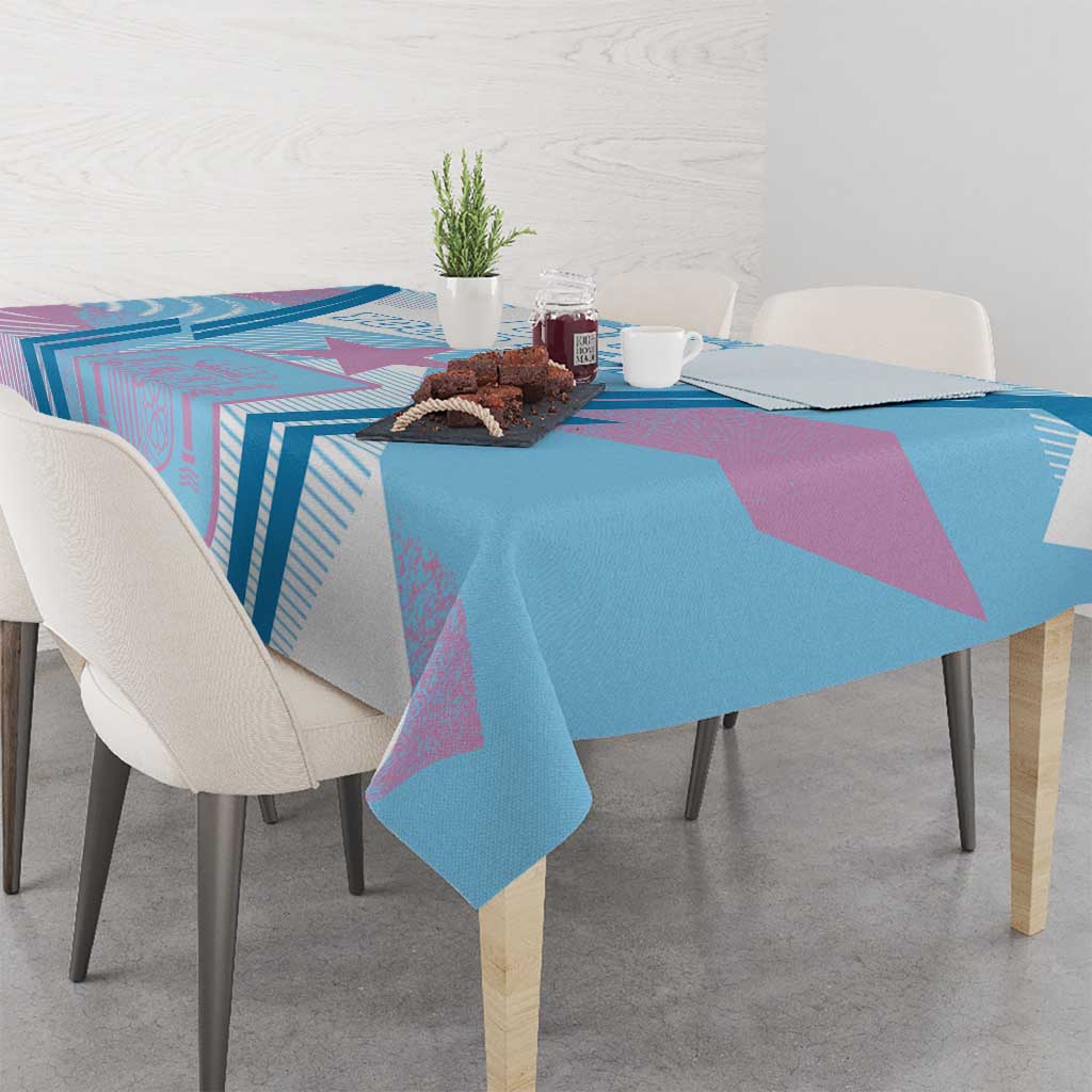Blue football-themed tablecloth with pink and dark blue geometric stripe pattern