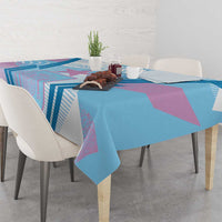 Blue football-themed tablecloth with pink and dark blue geometric stripe pattern