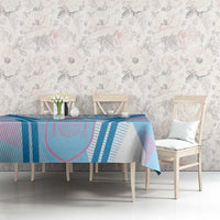 Blue football-themed tablecloth with pink and dark blue striped crest pattern