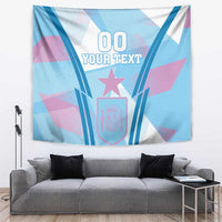 Blue Spain football style tapestry with crest shield, star, and '00 YOUR TEXT' text.