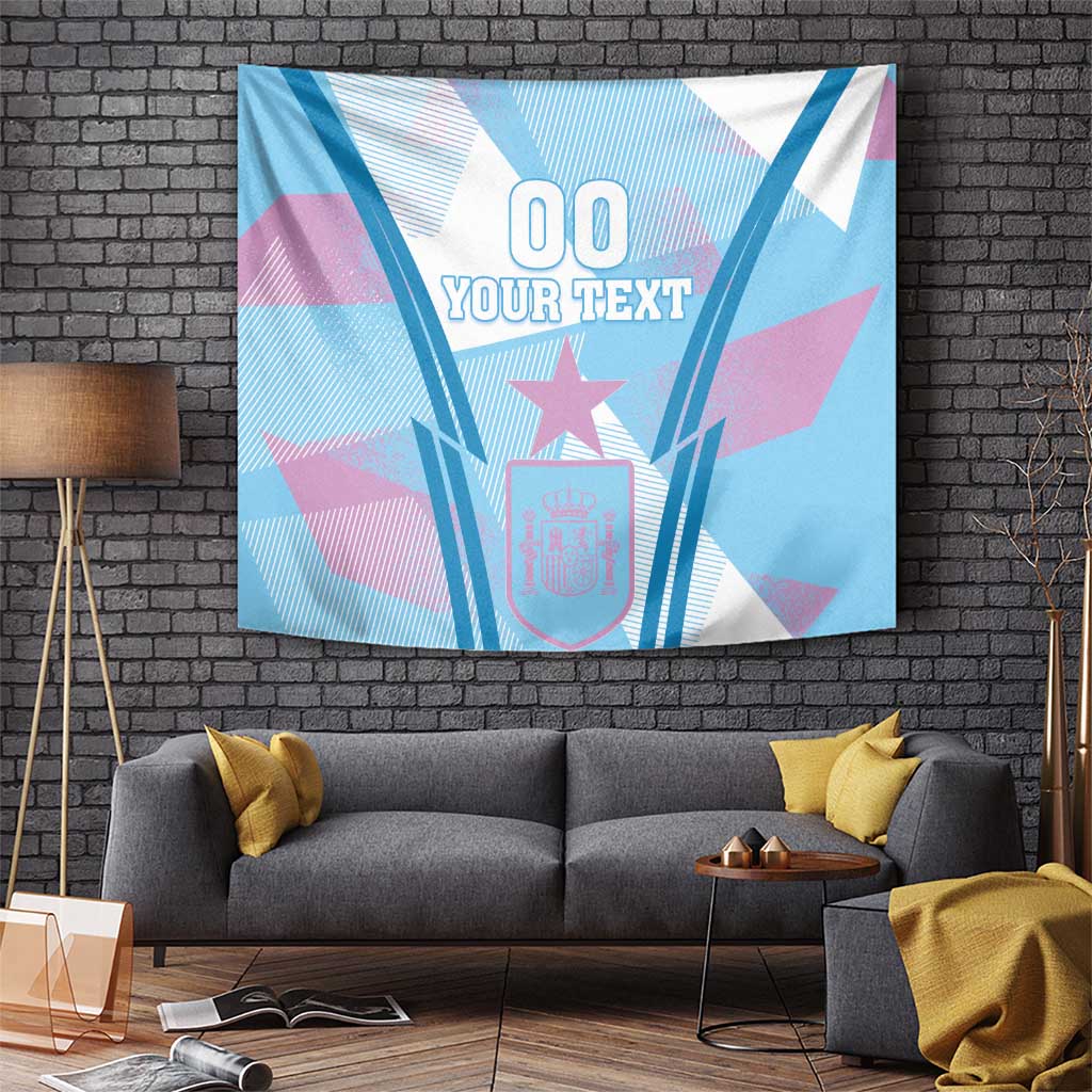 Blue Spain football tapestry hanging on wall, with crest shield, star, and '00 YOUR TEXT'.