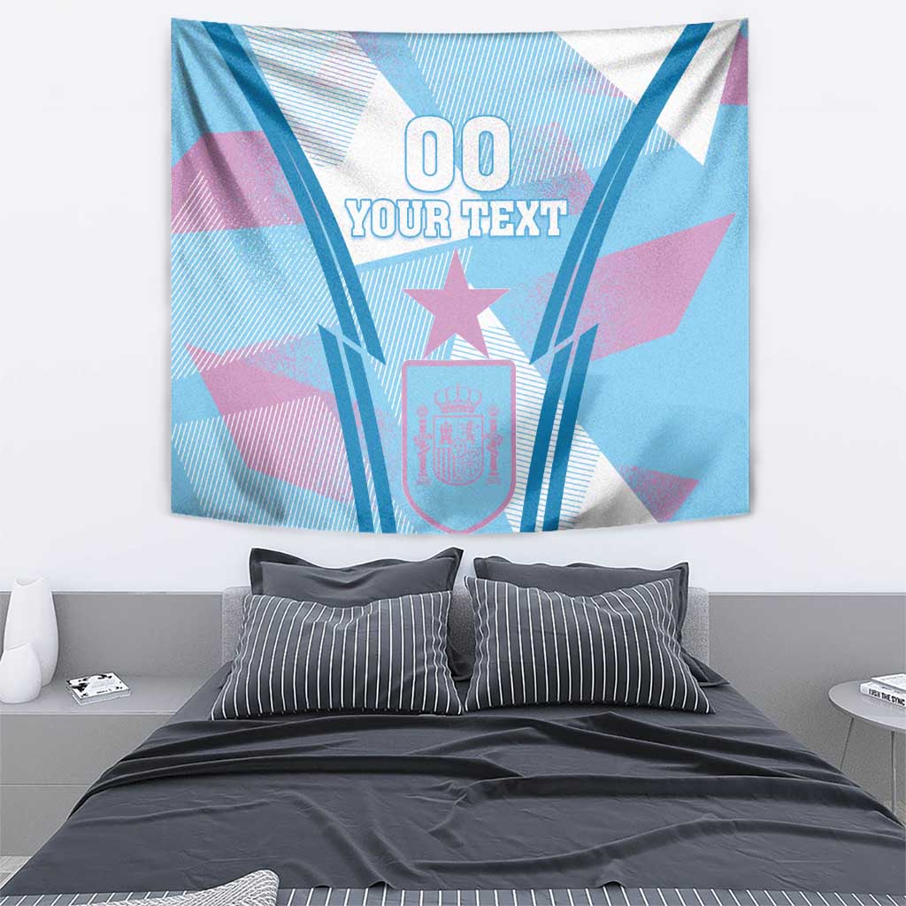 Blue Spain football style tapestry featuring crest shield, star, and '00 YOUR TEXT' design.