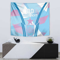 Blue Spain football tapestry wall hanging with crest shield, star, and '00 YOUR TEXT' text.