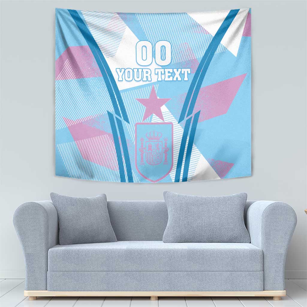 Blue Spain football style tapestry with crest shield, star, and '00 YOUR TEXT' centered.