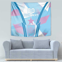Blue Spain football style tapestry with crest shield, star, and '00 YOUR TEXT' centered.