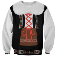 Unisex black and gray sweatshirt with dirndl dress graphic and floral trim at cuffs