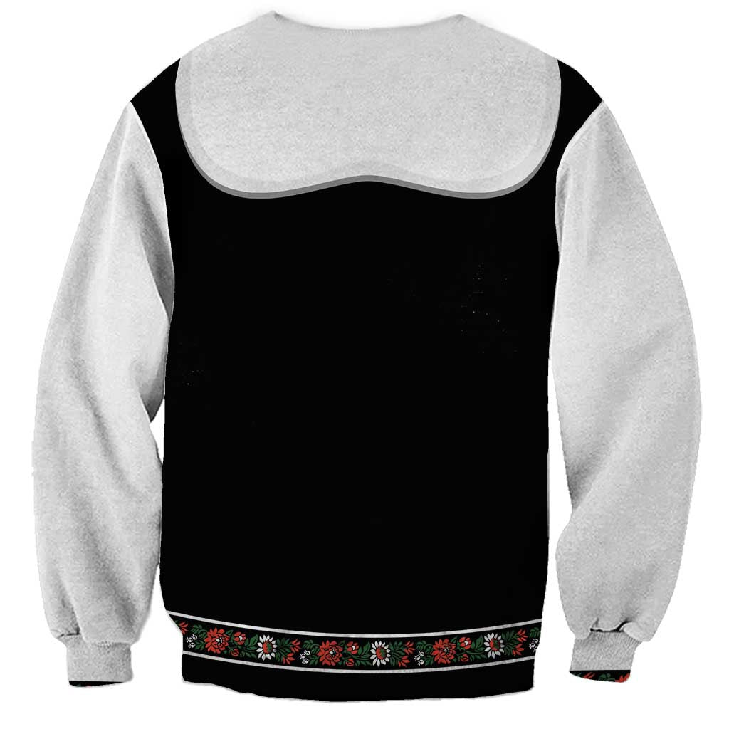 Unisex black and gray sweatshirt back view with floral band hem