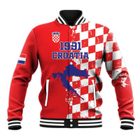 Red baseball jacket with white-red checkerboard panels and 1991 Croatia graphic