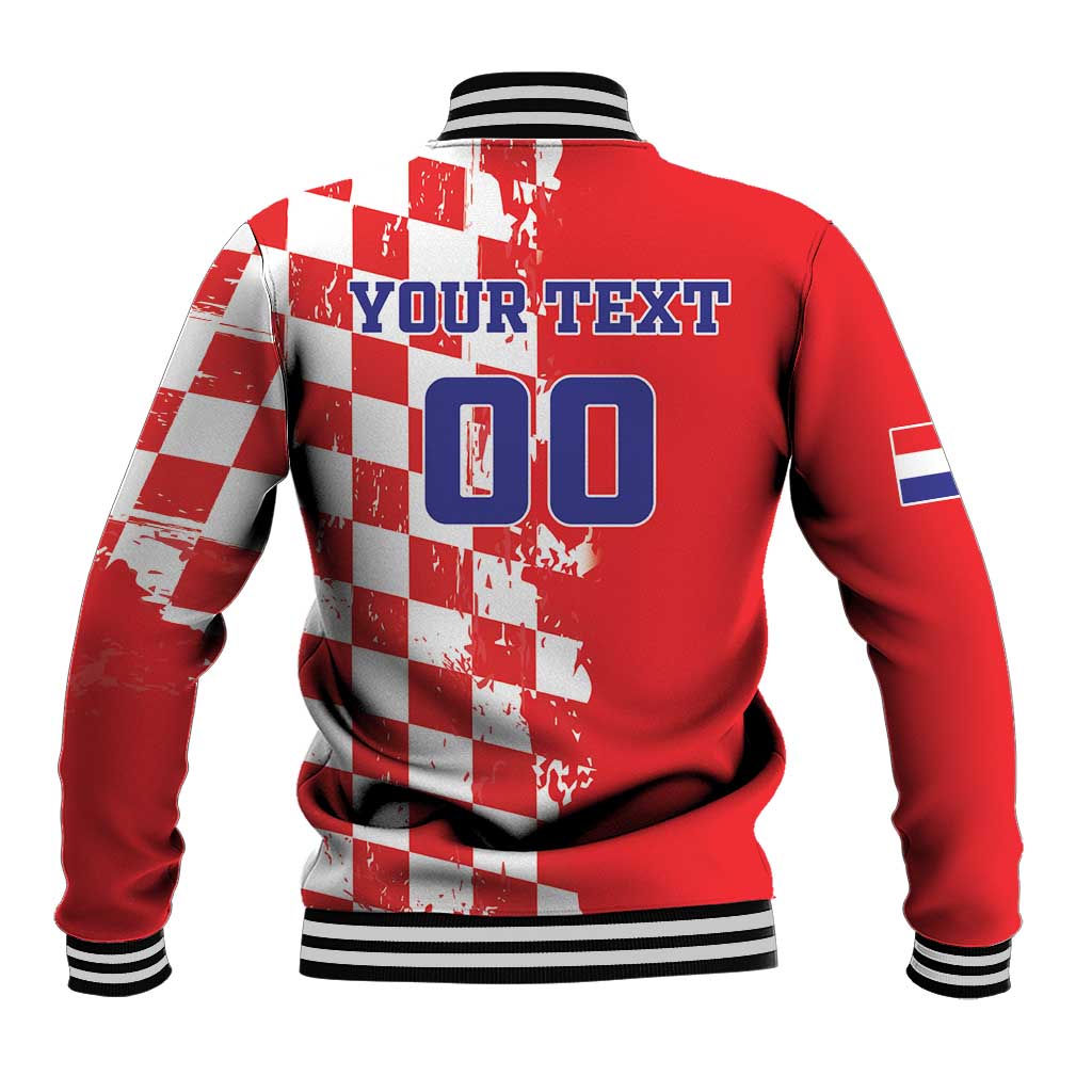 Red baseball jacket with white-red checkerboard back panel, Your Text 00 print