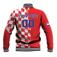 Red baseball jacket with white-red checkerboard back panel, Your Text 00 print