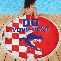 Red, white, and blue round beach blanket with Croatia map, checkerboard pattern, fringe