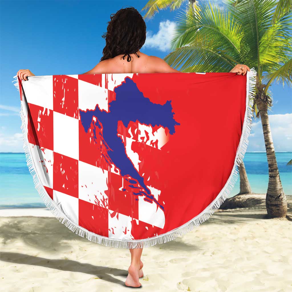 Round beach blanket with Croatia map graphic, red and checkerboard panels, tassel fringe