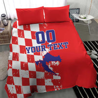 Red duvet bedding set with white checkerboard panel, blue "DO YOUR TEXT" over map, and red pillows