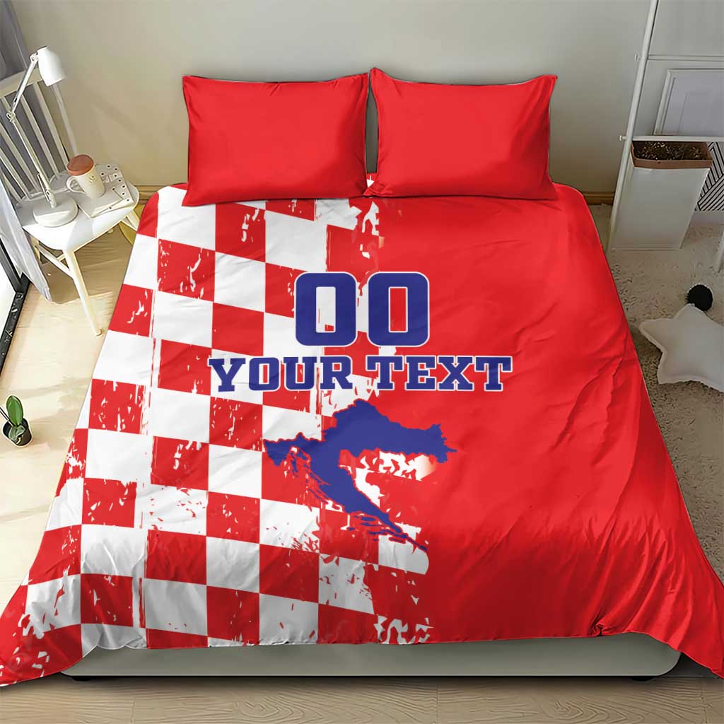 Red duvet bedding set with white checkerboard panel and blue "DO YOUR TEXT" text, with matching pillows
