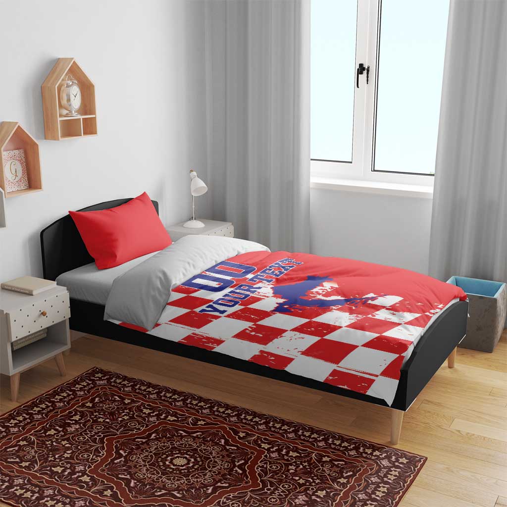 Red duvet bedding set with white checkerboard panel and blue "DO YOUR TEXT" over Croatia map