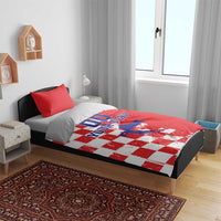 Red duvet bedding set with white checkerboard panel and blue "DO YOUR TEXT" over Croatia map