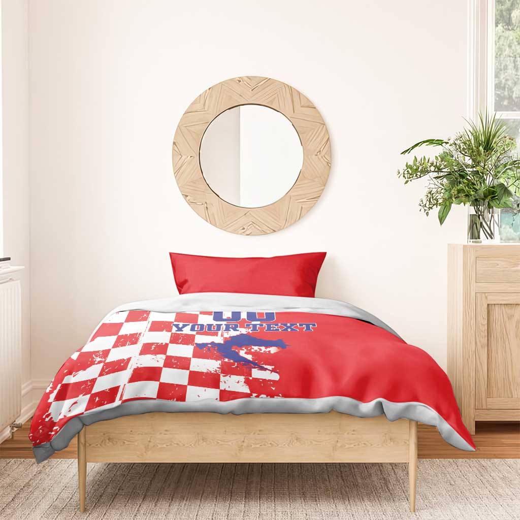 Red and white checkerboard bedding set with Croatia-style map design on duvet and red pillows
