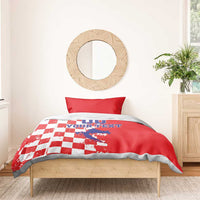 Red and white checkerboard bedding set with Croatia-style map design on duvet and red pillows