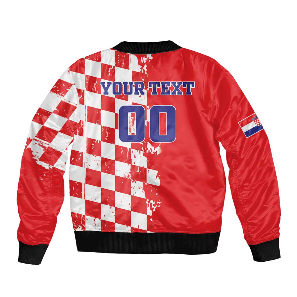 Red bomber jacket back with white checkered print, 'YOURTEXT 00', ribbed cuffs