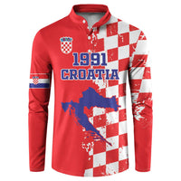 Red long-sleeve button polo with 1991 Croatia front graphic and map