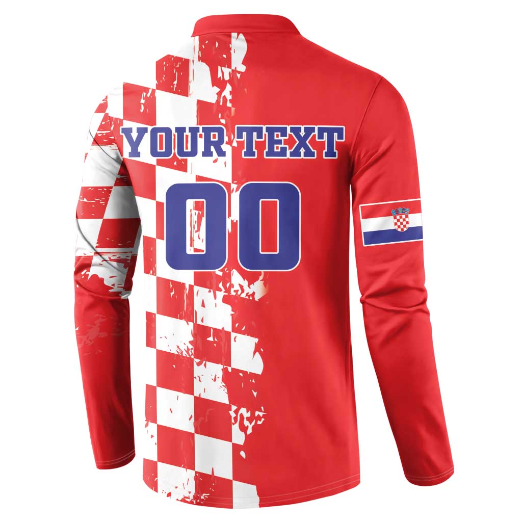 Red long-sleeve button polo with checkered back, 'YOUR TEXT', large 00, sleeve flag