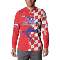 Red long-sleeve button polo with 1991 Croatia front graphic and blue map