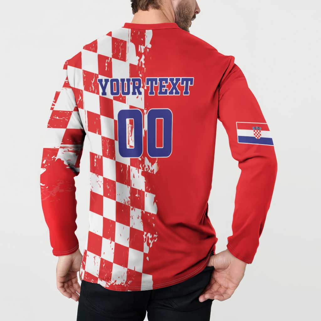 Red long-sleeve button polo, checkered back with 'YOUR TEXT' and large 00