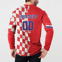 Red long-sleeve button polo, checkered back with 'YOUR TEXT' and large 00