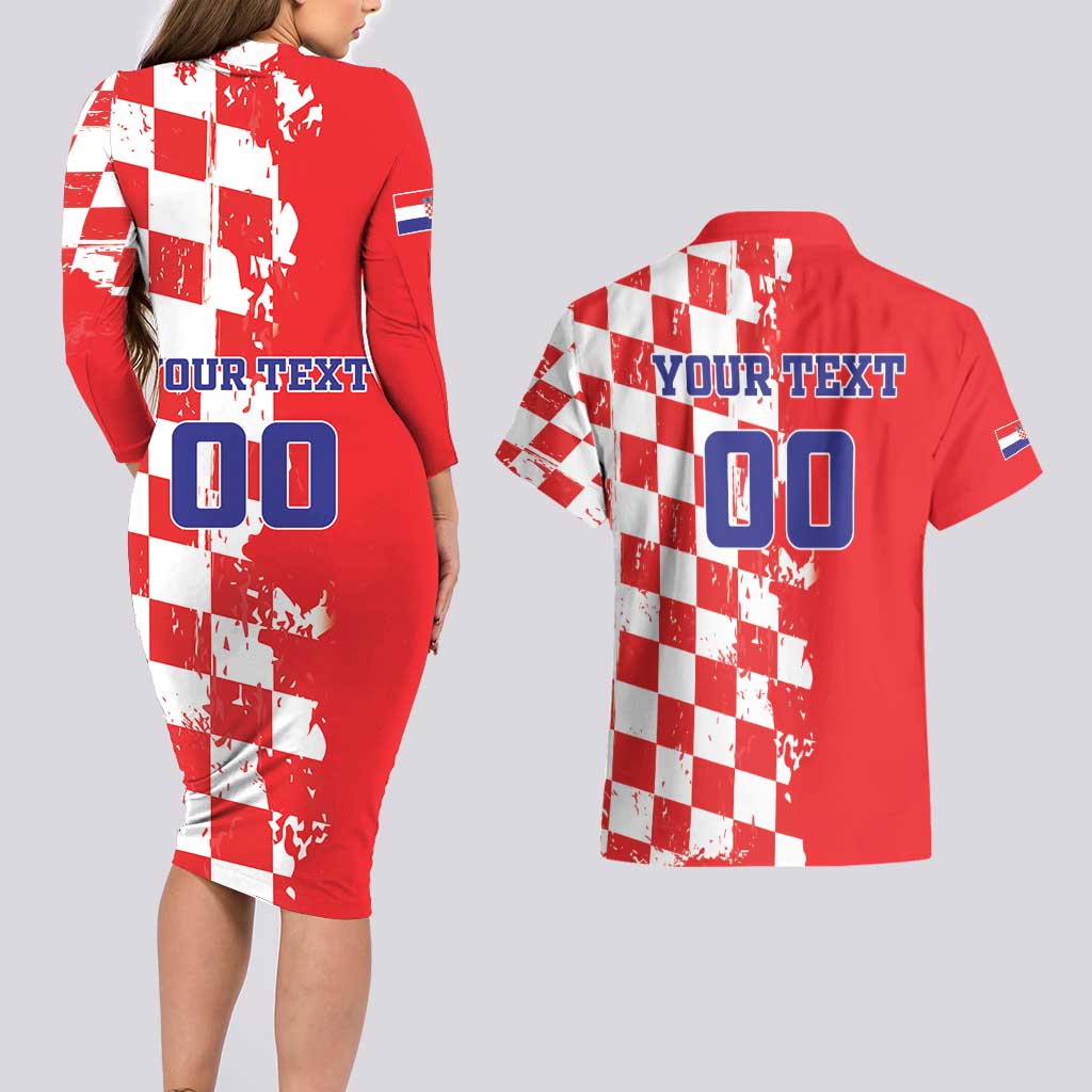 Custom Croatia Independence Day Couples Matching Long Sleeve Bodycon Dress and Hawaiian Shirt Grunge Checkerboard Patterns With Map