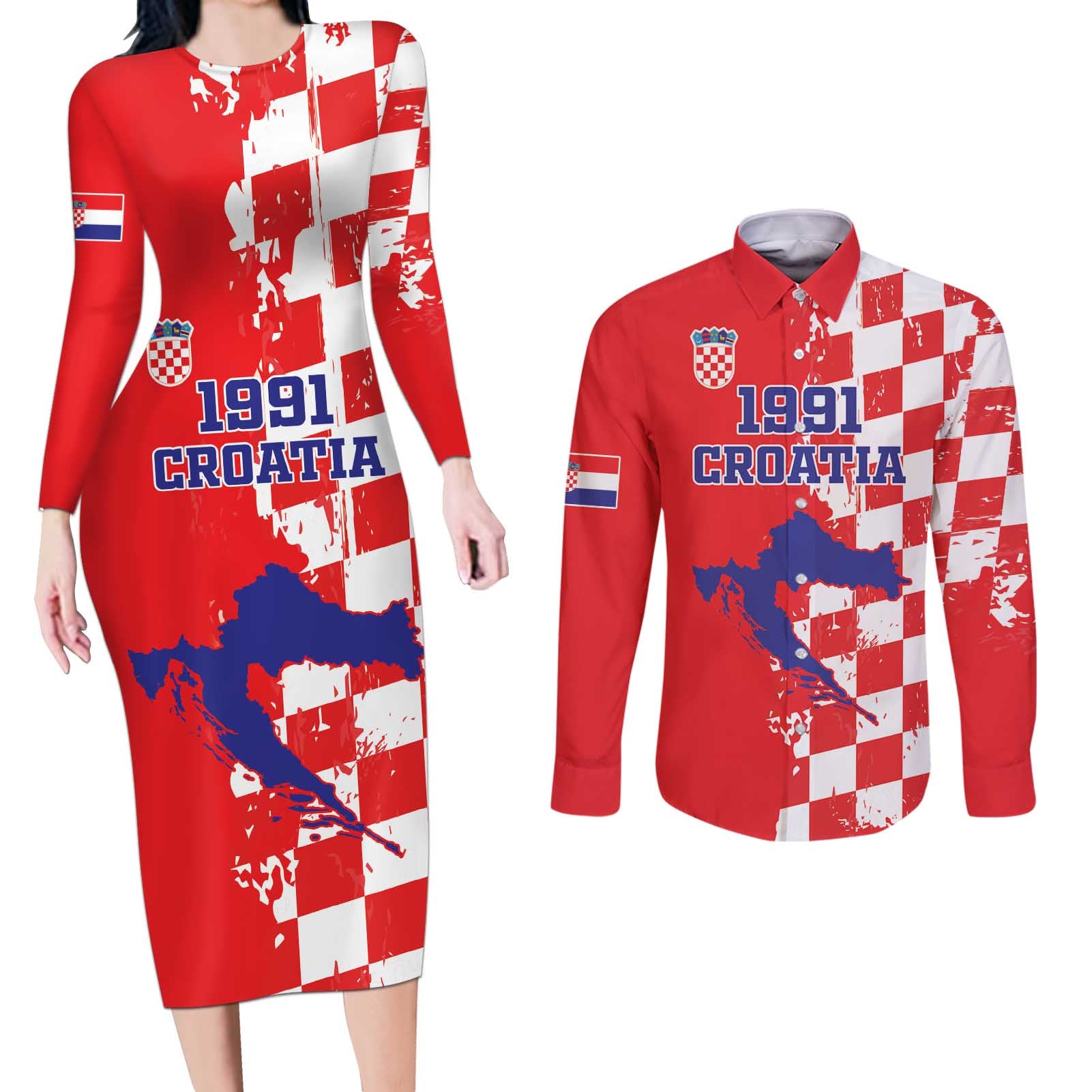 Custom Croatia Independence Day Couples Matching Long Sleeve Bodycon Dress and Long Sleeve Button Shirt Grunge Checkerboard Patterns With Map