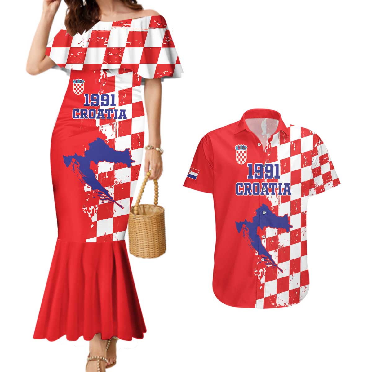 Custom Croatia Independence Day Couples Matching Mermaid Dress and Hawaiian Shirt Grunge Checkerboard Patterns With Map