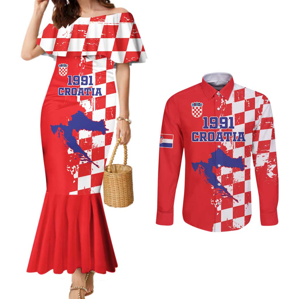 Custom Croatia Independence Day Couples Matching Mermaid Dress and Long Sleeve Button Shirt Grunge Checkerboard Patterns With Map