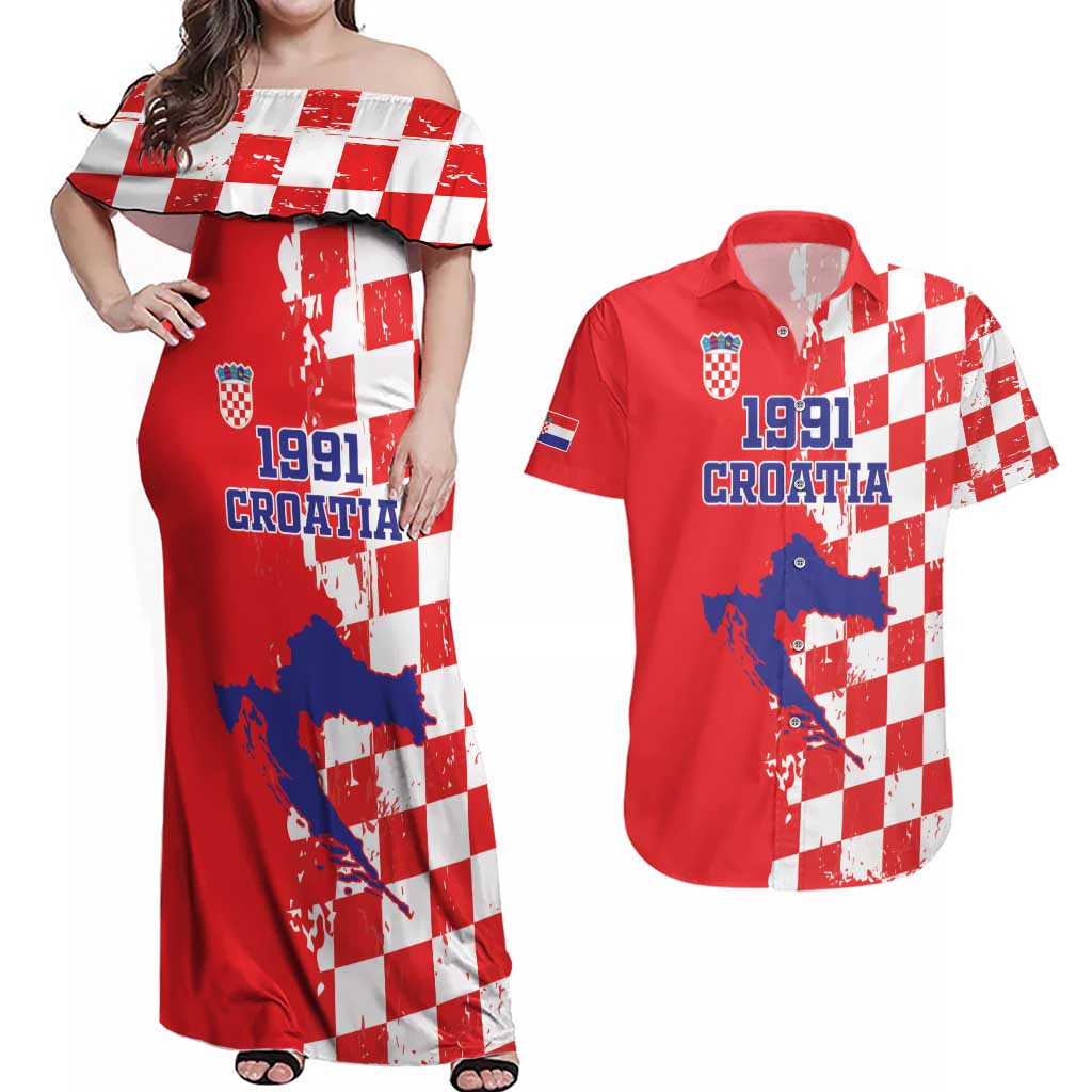 Custom Croatia Independence Day Couples Matching Off Shoulder Maxi Dress and Hawaiian Shirt Grunge Checkerboard Patterns With Map