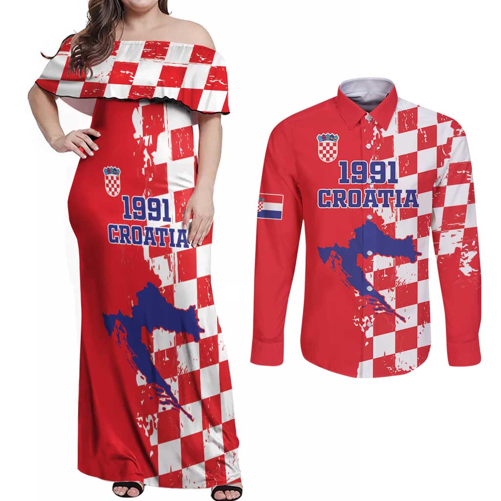 Custom Croatia Independence Day Couples Matching Off Shoulder Maxi Dress and Long Sleeve Button Shirt Grunge Checkerboard Patterns With Map