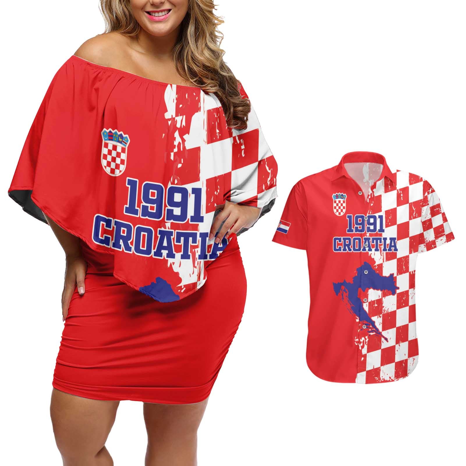 Custom Croatia Independence Day Couples Matching Off Shoulder Short Dress and Hawaiian Shirt Grunge Checkerboard Patterns With Map