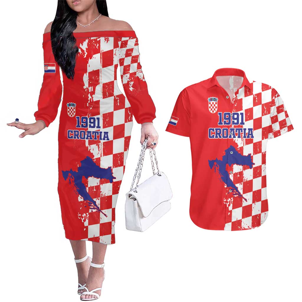 Custom Croatia Independence Day Couples Matching Off The Shoulder Long Sleeve Dress and Hawaiian Shirt Grunge Checkerboard Patterns With Map