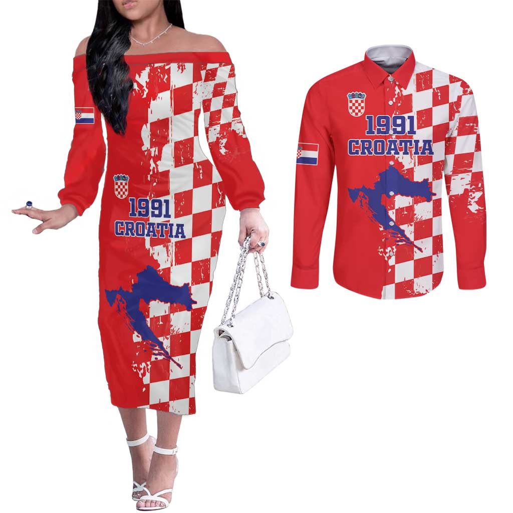 Custom Croatia Independence Day Couples Matching Off The Shoulder Long Sleeve Dress and Long Sleeve Button Shirt Grunge Checkerboard Patterns With Map