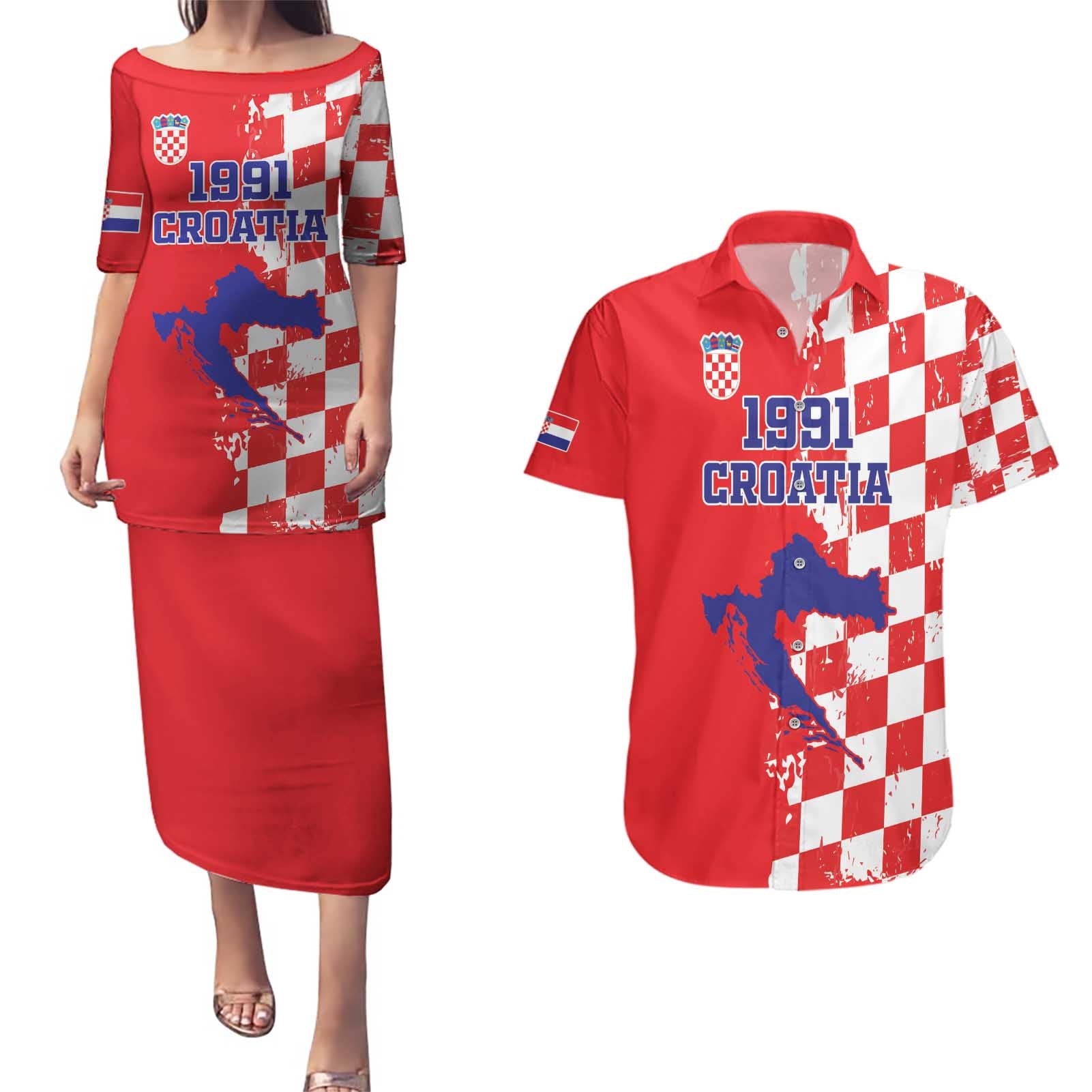 Custom Croatia Independence Day Couples Matching Puletasi and Hawaiian Shirt Grunge Checkerboard Patterns With Map