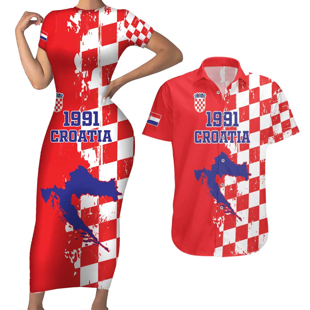 Custom Croatia Independence Day Couples Matching Short Sleeve Bodycon Dress and Hawaiian Shirt Grunge Checkerboard Patterns With Map