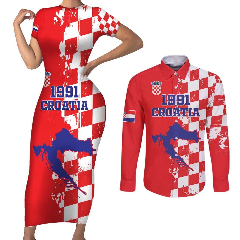 Custom Croatia Independence Day Couples Matching Short Sleeve Bodycon Dress and Long Sleeve Button Shirt Grunge Checkerboard Patterns With Map